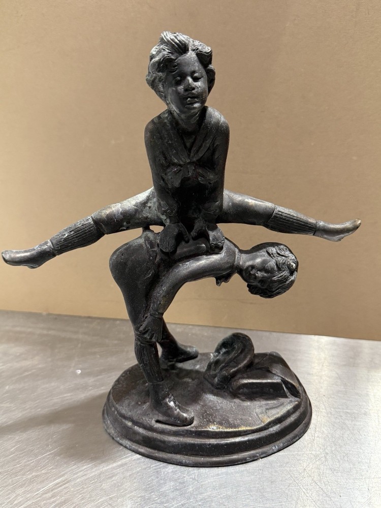 Vintage Cast Bronze Sculpture Boy and Girl Playing Leap Frog. Very Heavy Bronze