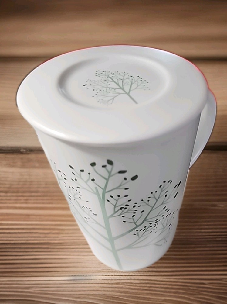 David's Tea White Green Tall Cup With Lid Tree Motiff Vintage Matte CeramicStone