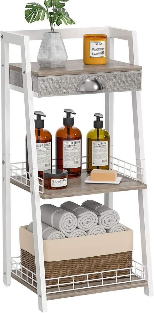 3-Tier Bathroom Ladder Shelf with Drawer - Freestanding Open Storage Organizer