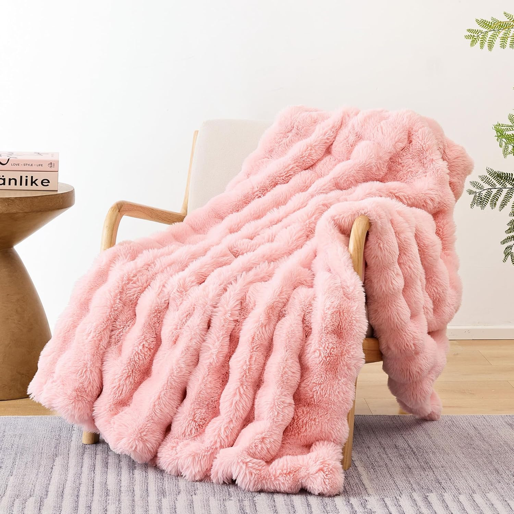 Blush Pink Faux Fur Rabbit Fleece Blanket - Ultra Soft Cozy Sofa Throw