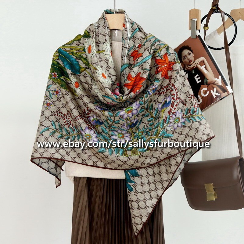70% Cashmere 30% Silk Double Face Floral Square Scarf Shawl 53