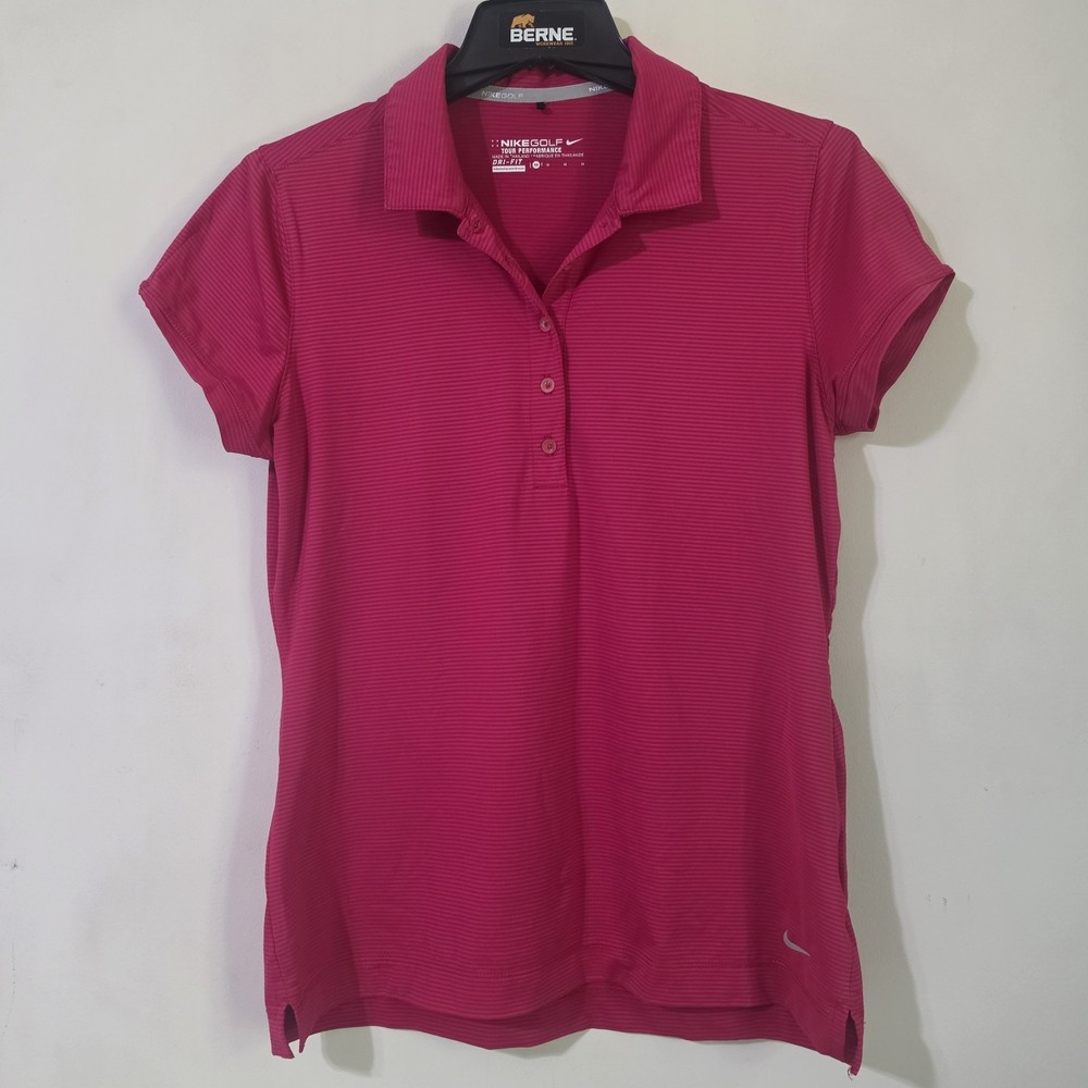 NikeGolf Tour Performance Women's Medium Dri Fit Striped Pink Polo Shirt Stretch