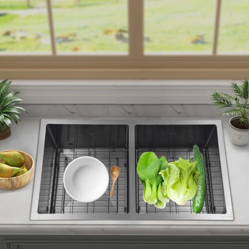 Modern Double Bowl 304 Stainless Steel Kitchen Sink 14x16 Inches-image