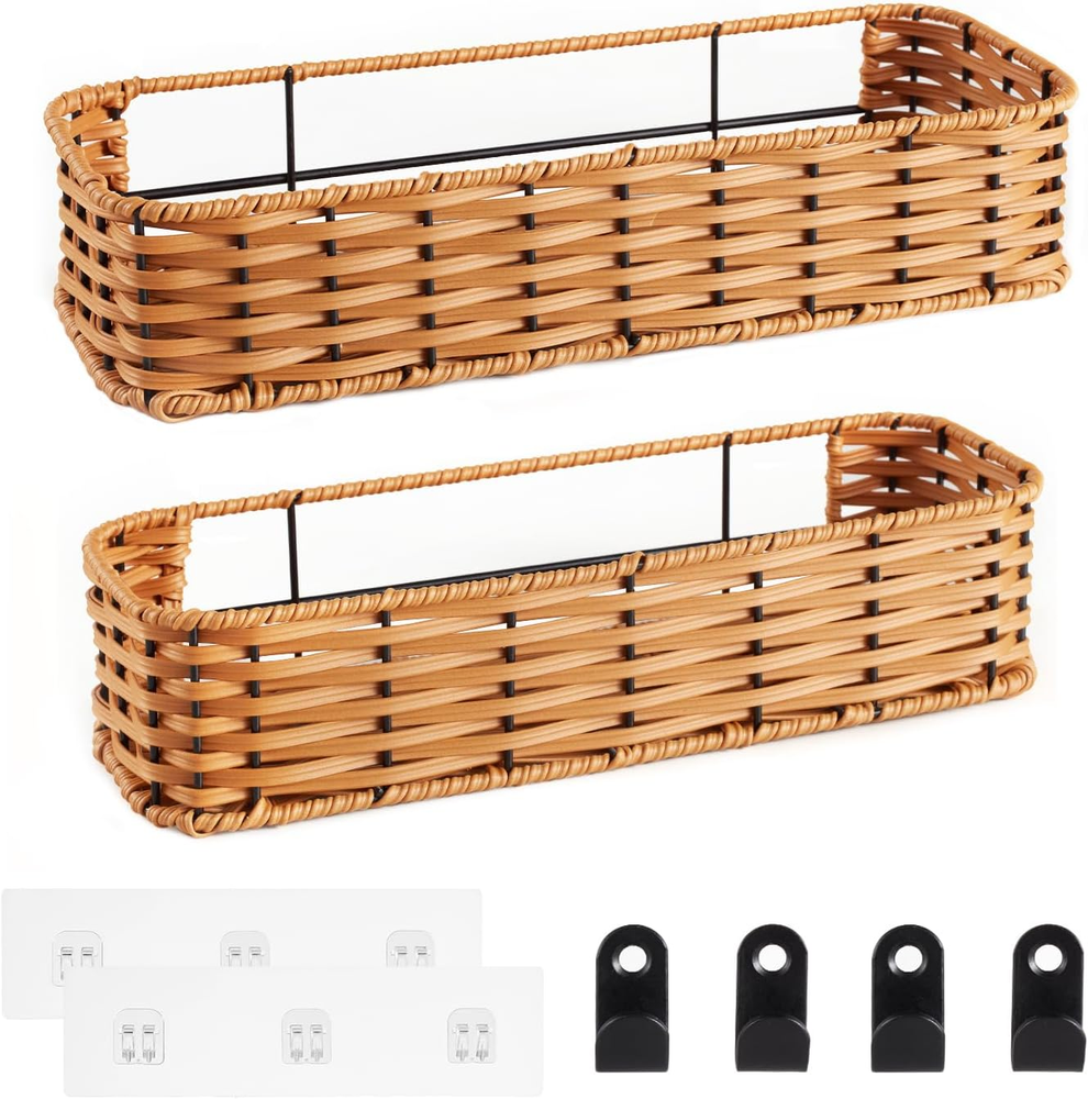 Hanging Wall Basket Wall-Mounted Organizer for Storage 2-Pack Wicker Woven Brown