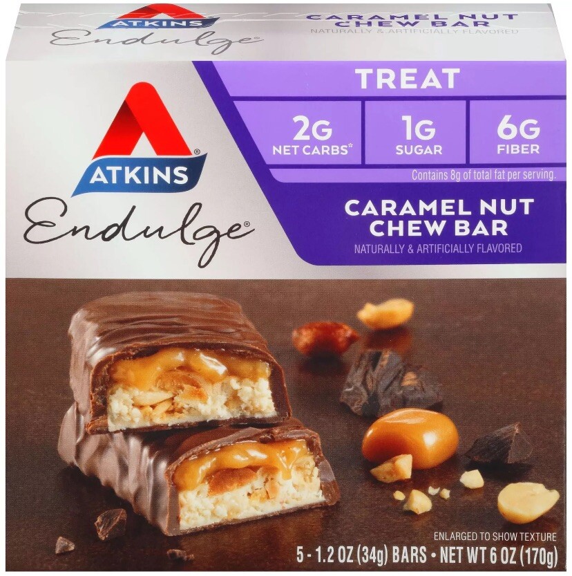 Atkins Endulge Treat, Caramel Nut Chew Bar, Keto Friendly, 6/5ct Boxes (30 Bars)