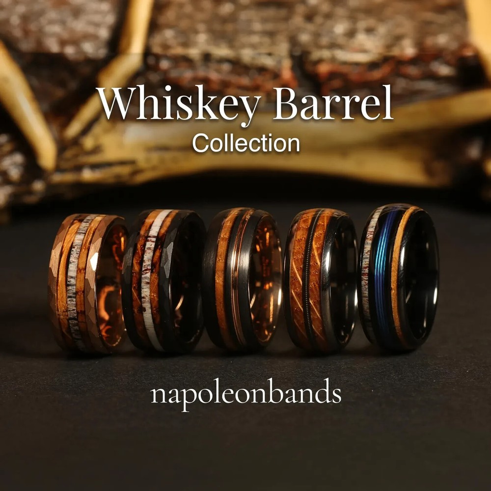 Tungsten Men's Whiskey Barrel Ring with Deer Antler Guitar String Wood Inlay