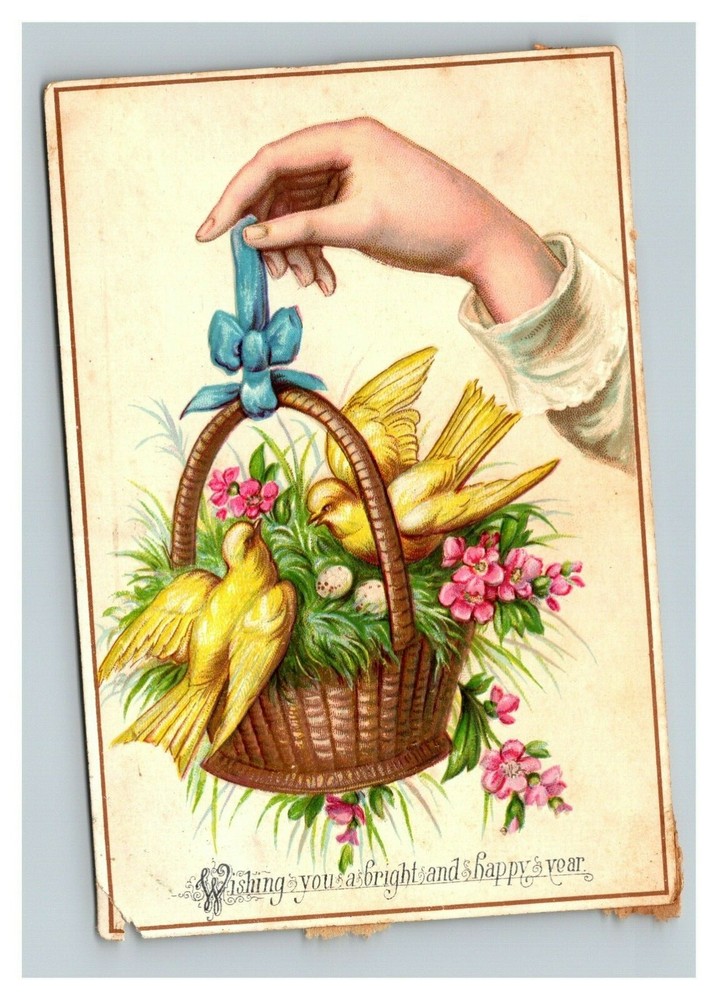 Vintage 1890s Victorian New Years Card with Pink Flowers and Yellow Doves-image