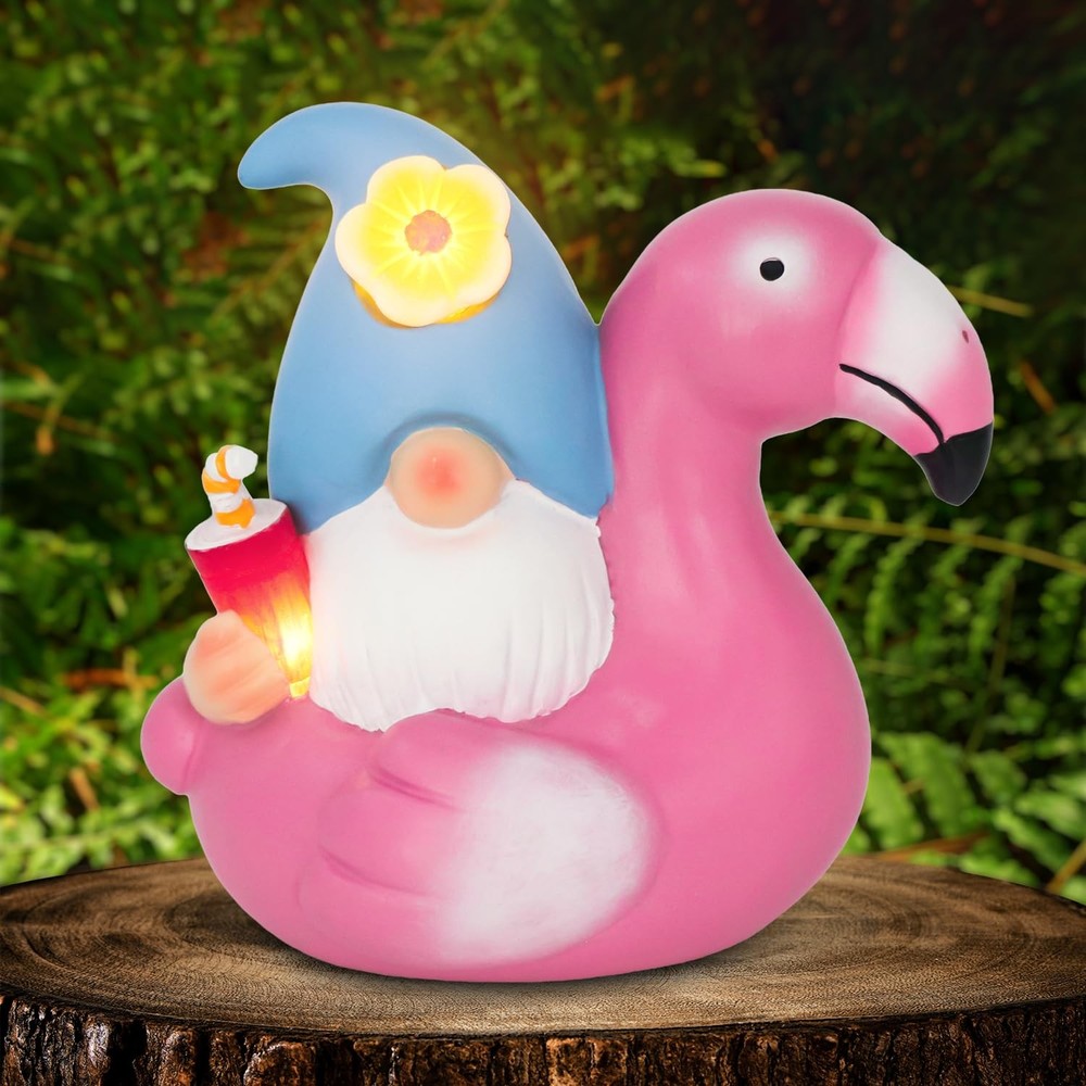 Solar Flamingo Gnome Garden Decor Statue,Outdoor Funny Solar Light Decoration...
