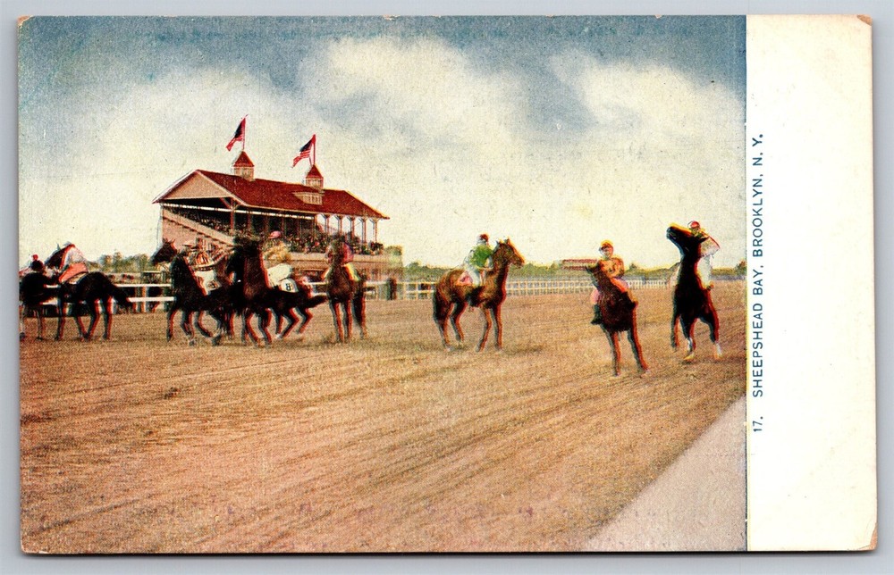 Tarjeta postal J26 de jinetes de pista de carreras de caballos Starting Sheepshead Bay Brooklyn NY C1907
