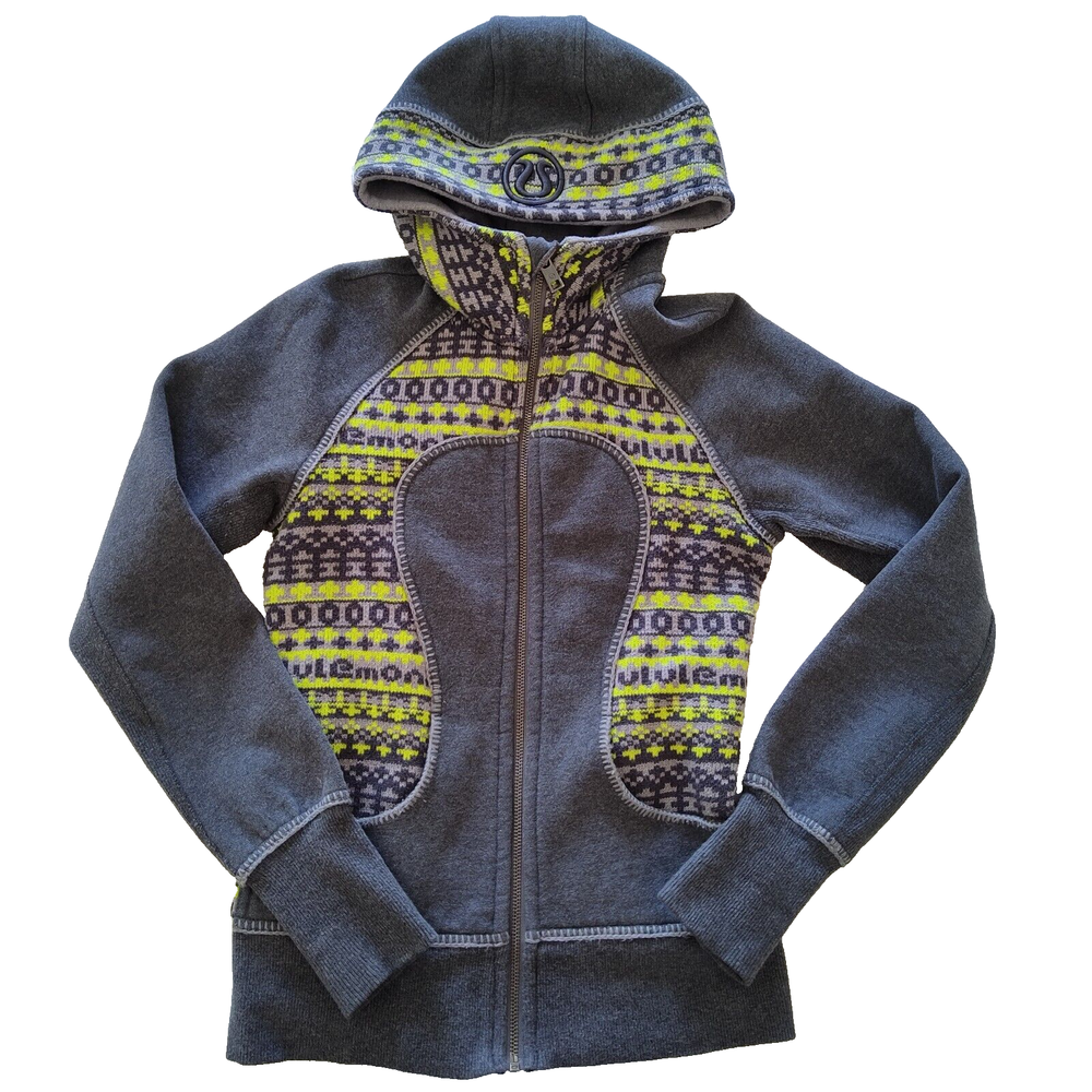 LULULEMON Special Edition Fair Isle Scuba Hoodie Gray & Lime Green Full Zip 2