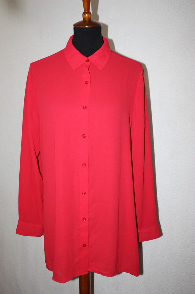Chico's Sz 1 Solid Red Button Front Collared Lightweight Tunic Shirt Long Sleeve