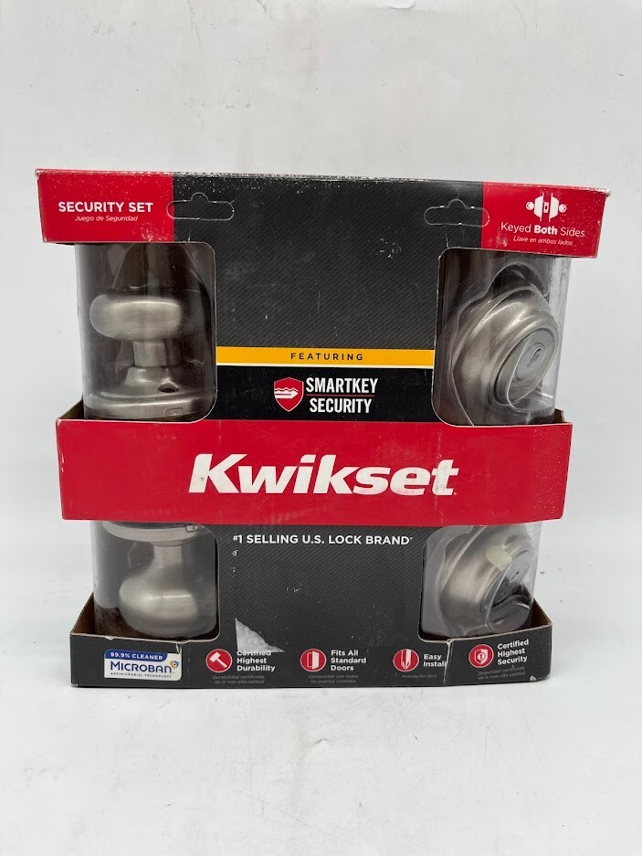 Kwikset Juno Satin Nickel Exterior Entry Door Knob & Double Cylinder Deadbolt