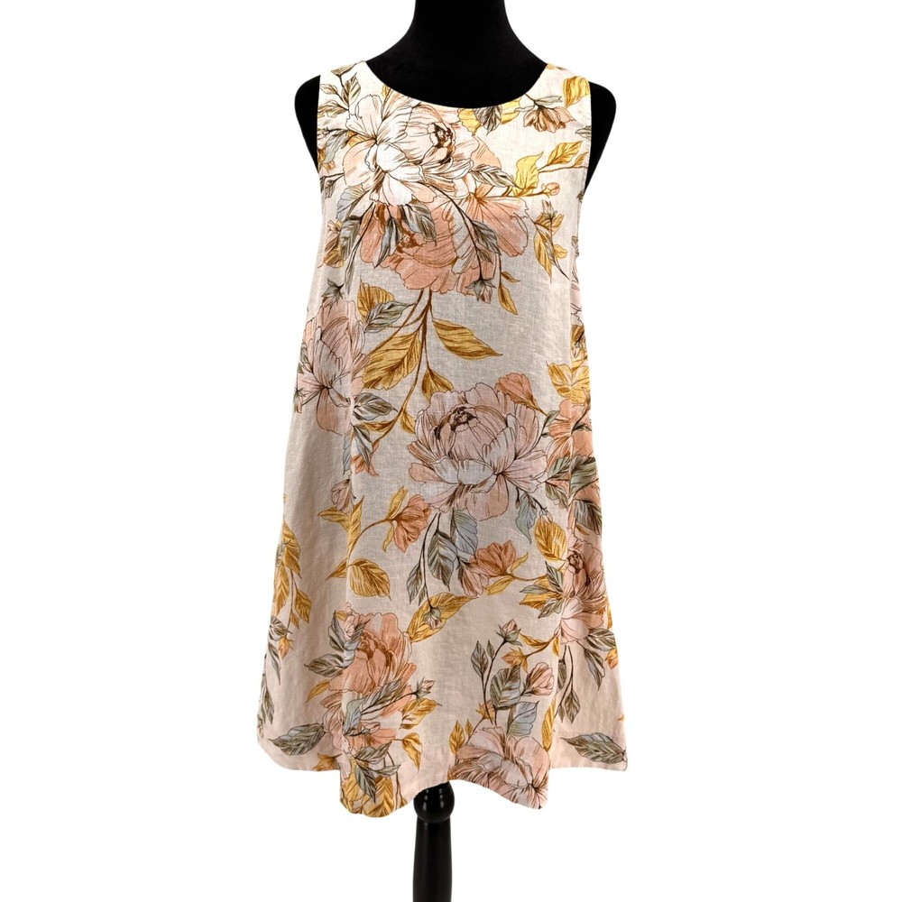 Nicole Miller Womens Linen Midi Dress with Floral Print and Back Buttons