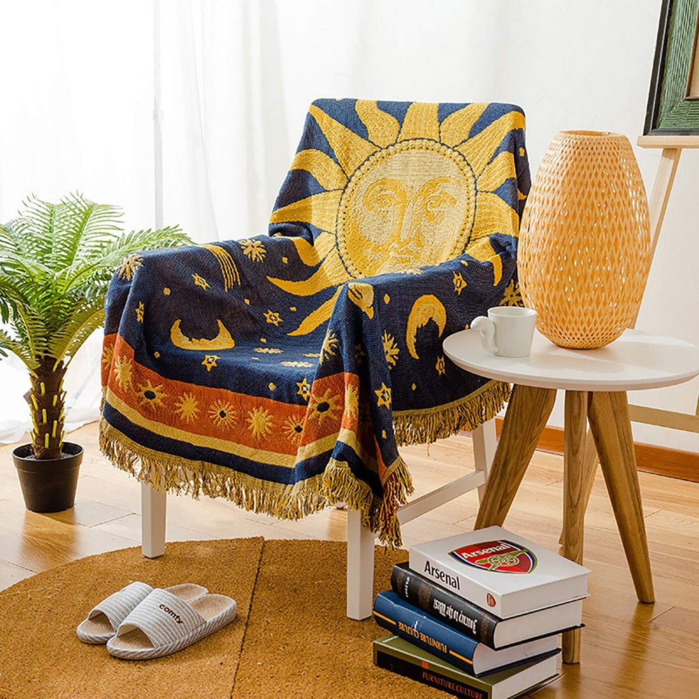Hippie Celestial Sun Moon Stars Double-Sided Throw Blanket Tapestry
