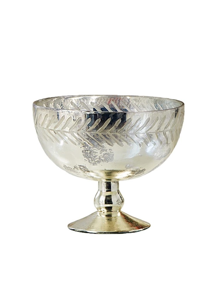 Silver Etched Leaf Mercury Glass Bowl, Vintage Compote Bowl (Pack 1)