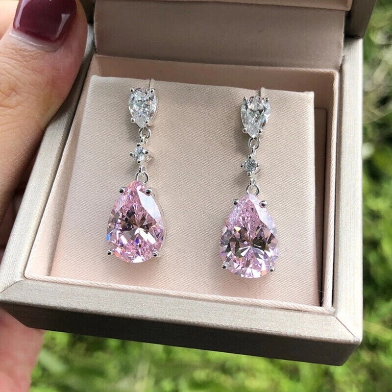 2Ct Oval Pink Sapphire Drop Earrings in 14k White Gold Plated