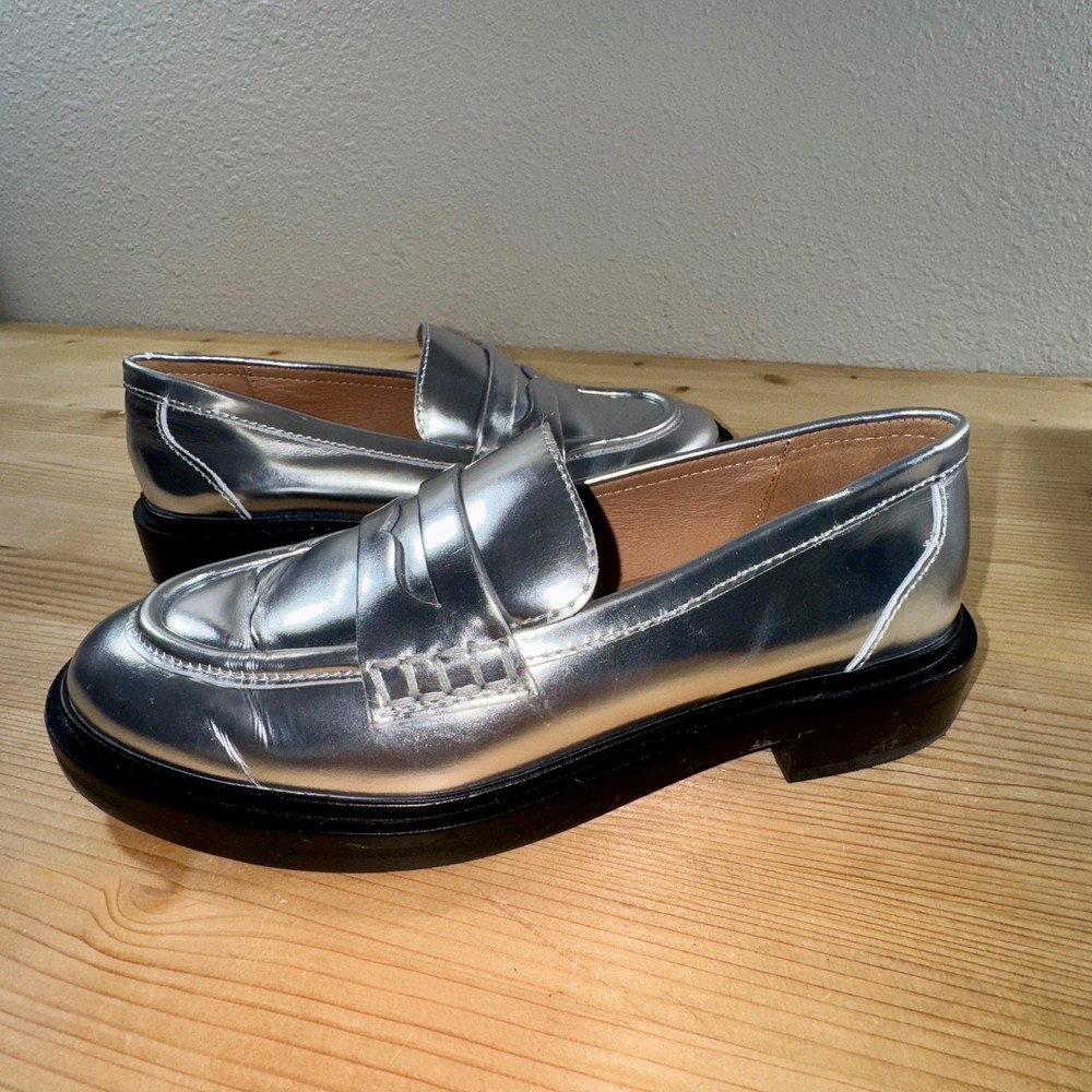 Madewell Vernon Loafers Metallic Silver Leather Penny Slip-On Shoes Sz 6 Preppy