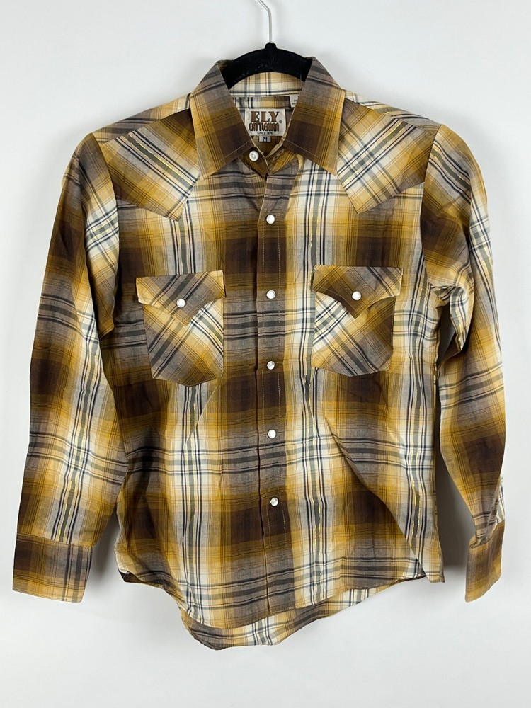 Ely Cattleman Blouse Shirt Size M Brown Plaid Button Up Long Sleeve Pockets