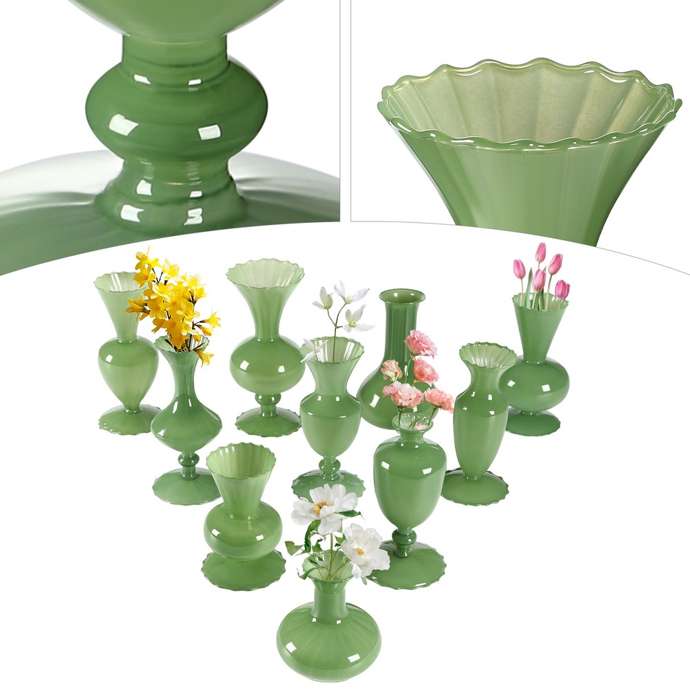1 Set of 10 Mini Vases for Flowers - Ten Piece Small Glass Bud Vases - Green New