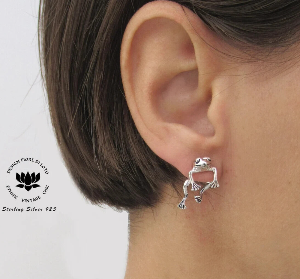 Double Frog stud ear jackets in sterling silver, Front back frog lover earrings