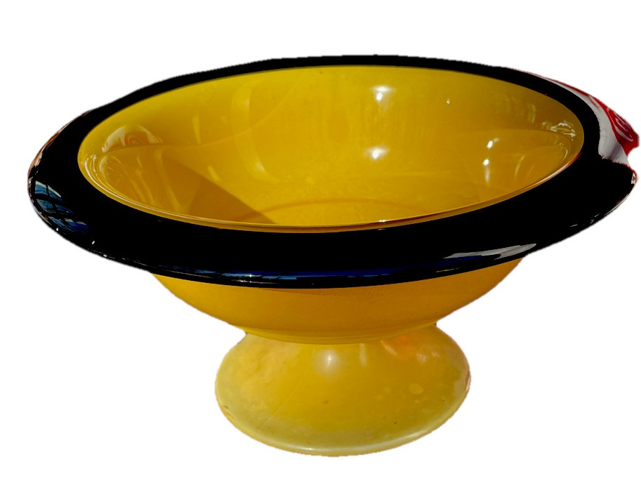 MCM Czech Art Glass Yellow Footed Bowl with Black Trim  