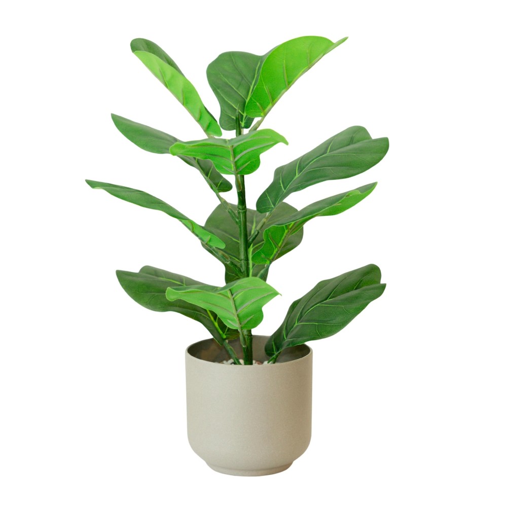16-Inch Faux Fiddle Leaf Fig Tree in Minimalist Pot with River Stones  