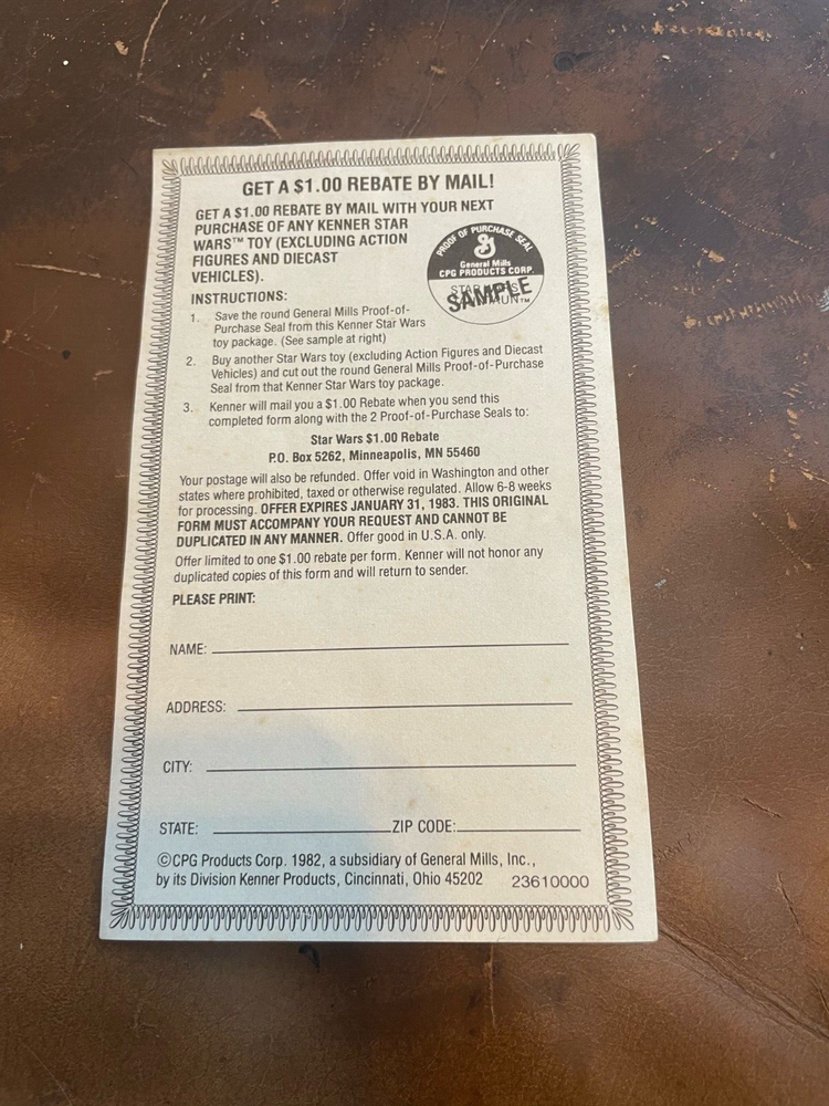 Vintage 1982 Kenner Star Wars Action Figure Rebate $1 Offer Form Paper Insert