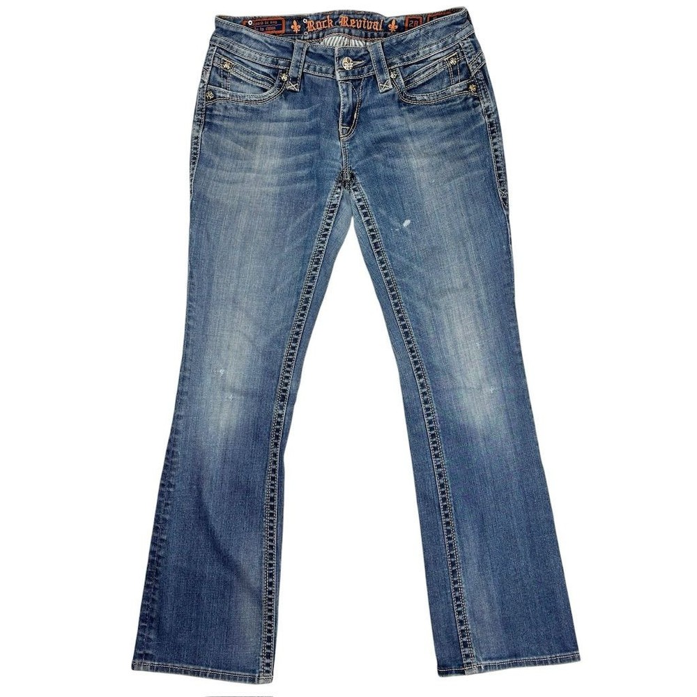 Rock Revival Women's Bootcut Jeans Size 28 Blue Embroidered Low Rise Denim