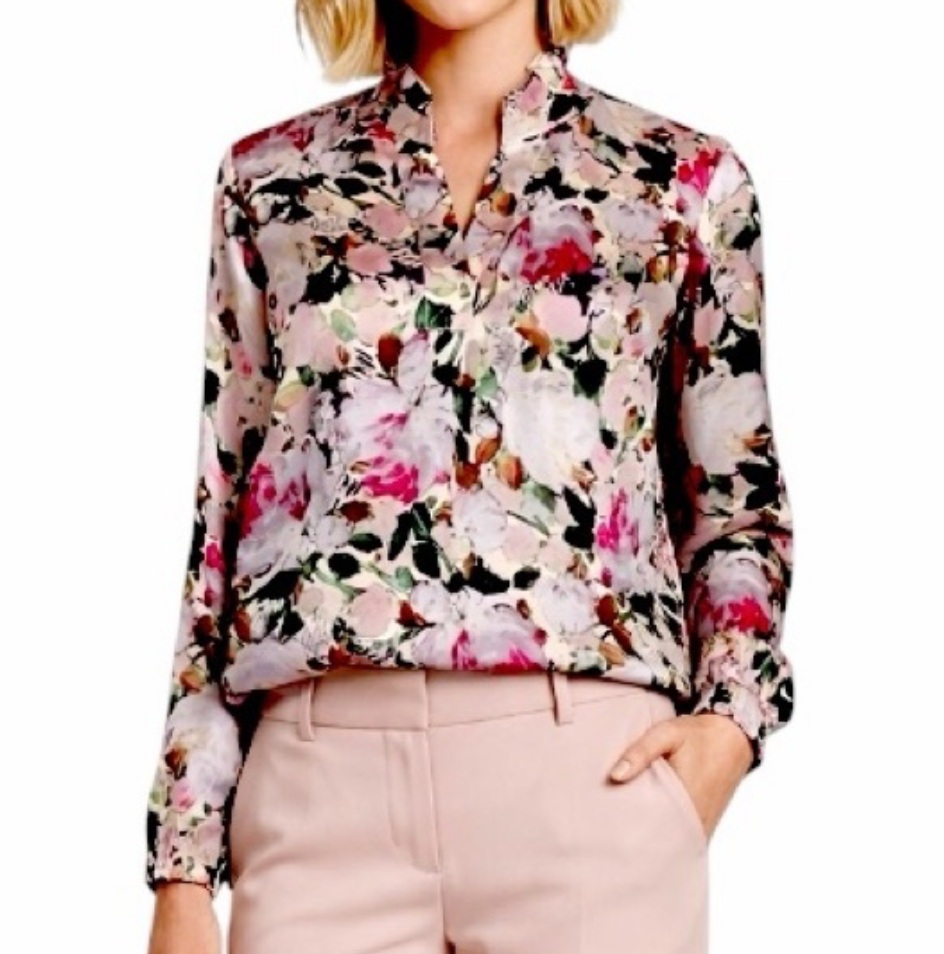 CABI 4821 INFATUATE BLOUSE Satin Floral Popover RUFFLE COLLAR Flowy Tunic SZ L