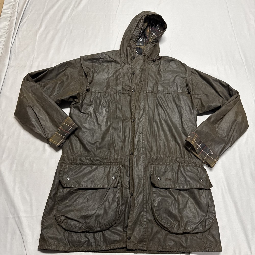 Barbour Classic A875 Durham Green Waxed Waterproof Hooded Jacket Coat Size 36
