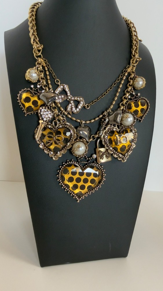 Vintage Betsey Johnson Leopard Bow Heart Lock & Key Statement Necklace