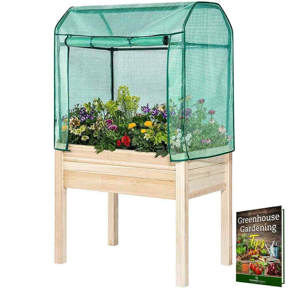 Large 36 in. x 24 in. Tan Wood Raised Planter Box with Greenhouse