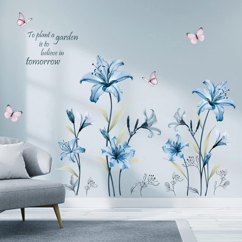 Blue Lily Flower Wall Stickers Floral Butterfly Peel and Stick Wall Art Decals f