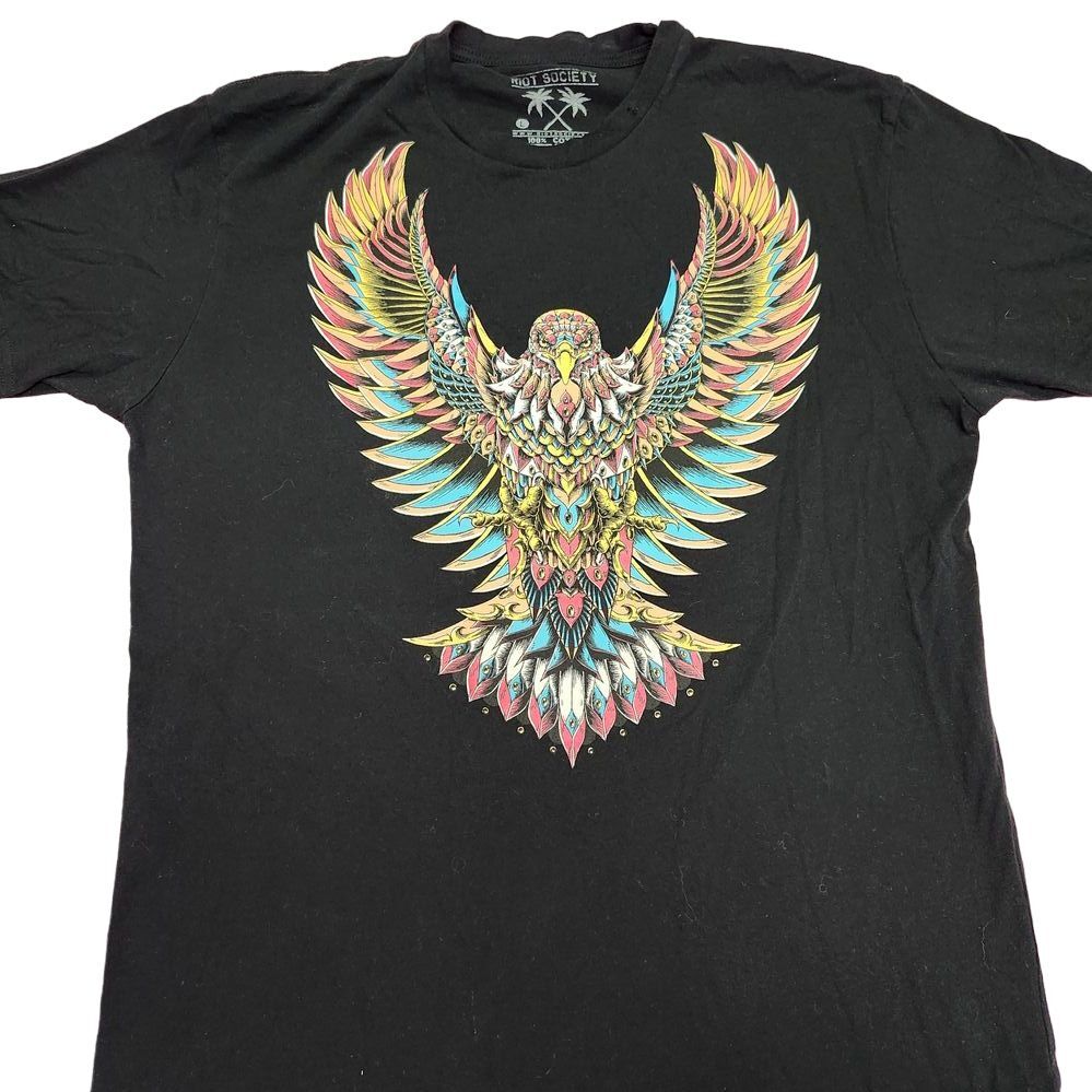 Riot Society Colorful Eagle Graphic T-Shirt Black Cotton Streetwear Art Design
