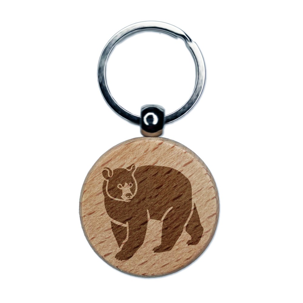 Black Bear Engraved Wood Round Keychain Tag Charm