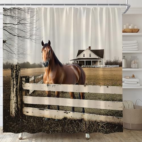 Horse Shower Curtain Rustic Farmhouse Animals Barn Country 70