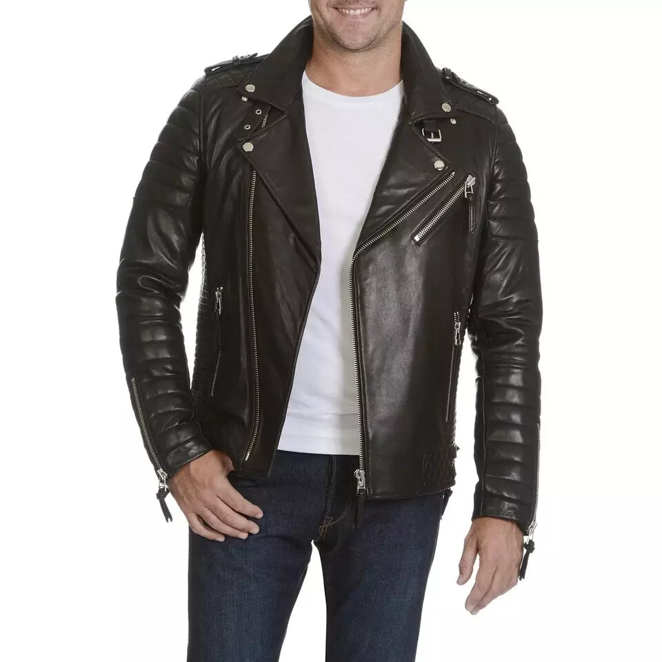 Men's Moto Quilted Black Leather Jacket Rich Black Genuine Lambskin Biker Riding