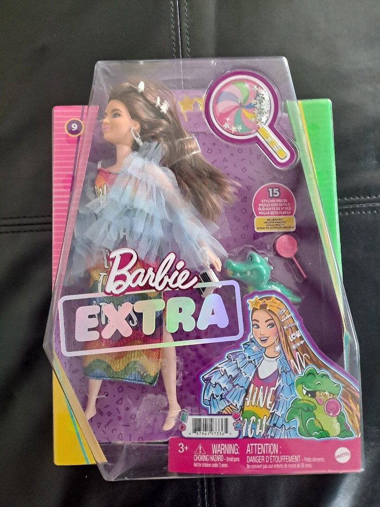 15-Piece Barbie Mattel Extra Doll #9 Set with Bling Hair Clips & Crocodile Pet 12-Inch