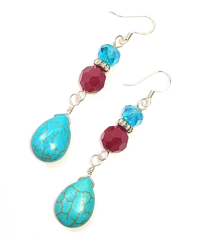 Turquoise Silver Red Crystal Teardrop Dangle Earrings for Stylish Elegance