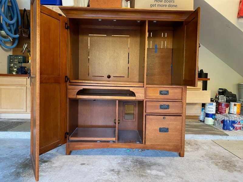 Brown Wood Mission Style Cabinet, Stained Finish, 2 Doors, 3 Drawers, Shelves