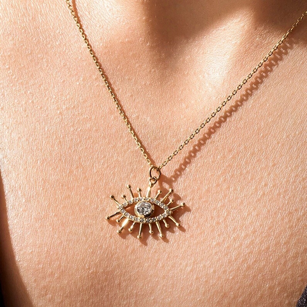 2Ct Round Cut Simulated Diamond Evil Eye Pendant Necklace 14k Yellow Gold Plated