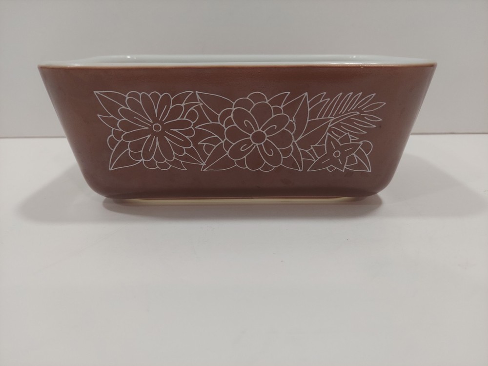 Vintage 1970s Pyrex Woodland Brown Flower 502 B Refrigerator Dish
