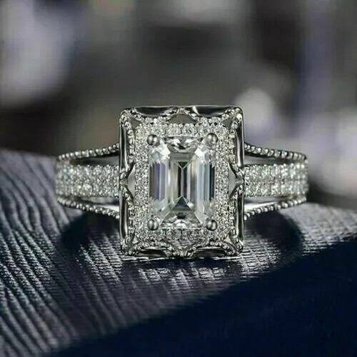 Emerald  Cut Simulated Diamond Womens Fancy Engagement Ring 14KWhite Gold Plated