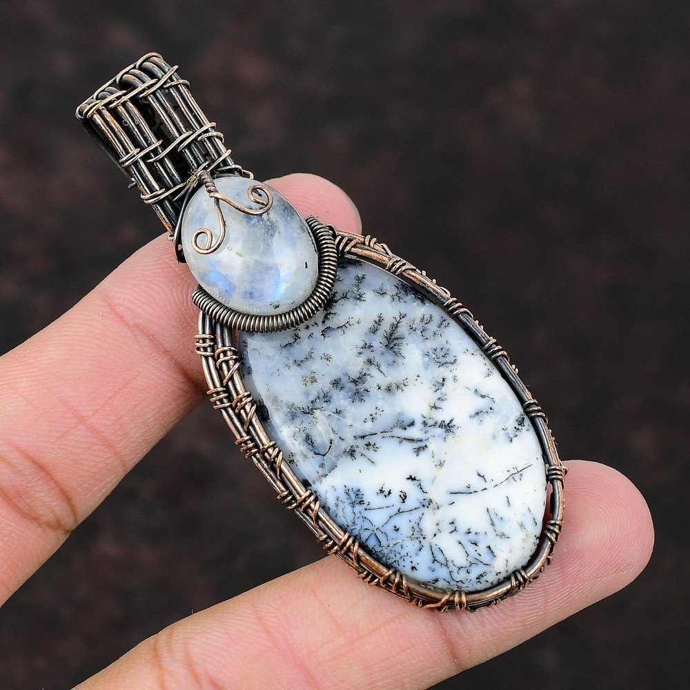 Natural Dendrite Opal Rainbow Moonstone Anniversary Wire Wrapped Pendant Copper