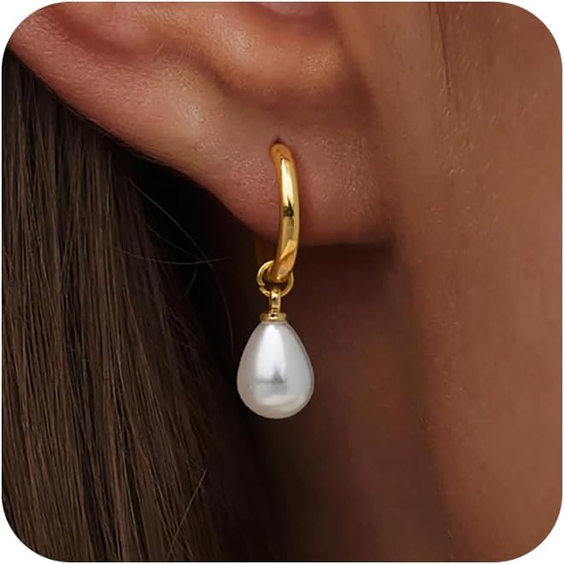 Trendy 14K Gold Pearl Drop Hoop Huggie Earrings for Women  