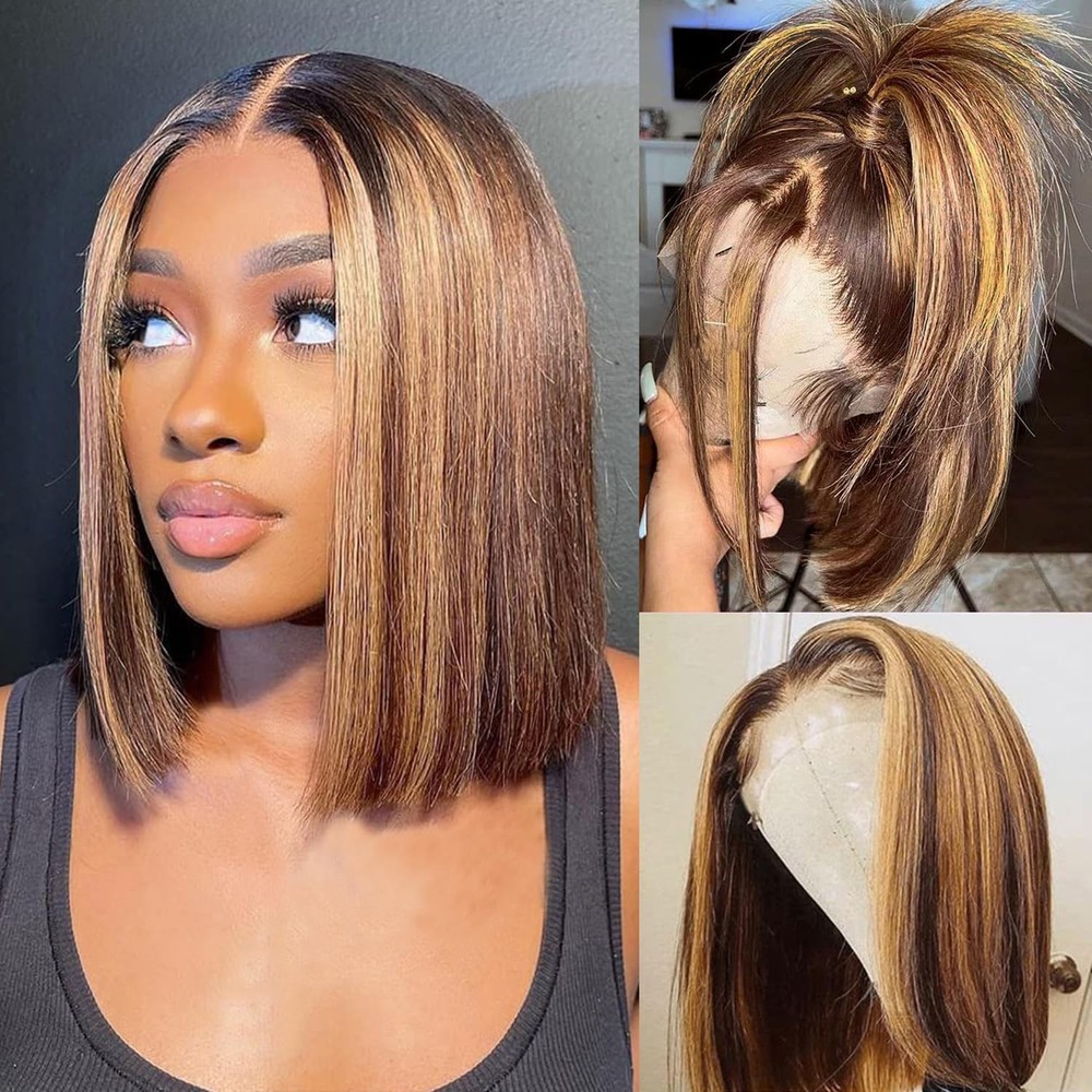 Bob Wig Human Hair 13x4 Lace Front Ombre Honey Blonde 4/27 Highlight Glueless
