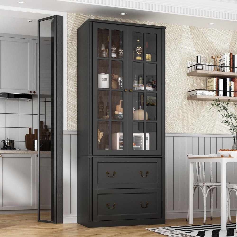 Kitchen Pantry Cabinet with 2 Drawers and Glass Doors for Storage