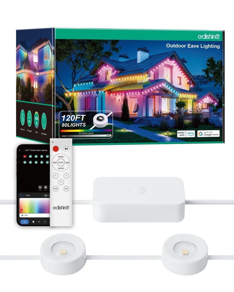 EDISHINE 120ft Permanent Outdoor Christmas Lights 80 LED RGB+IC IP67 Waterproof
