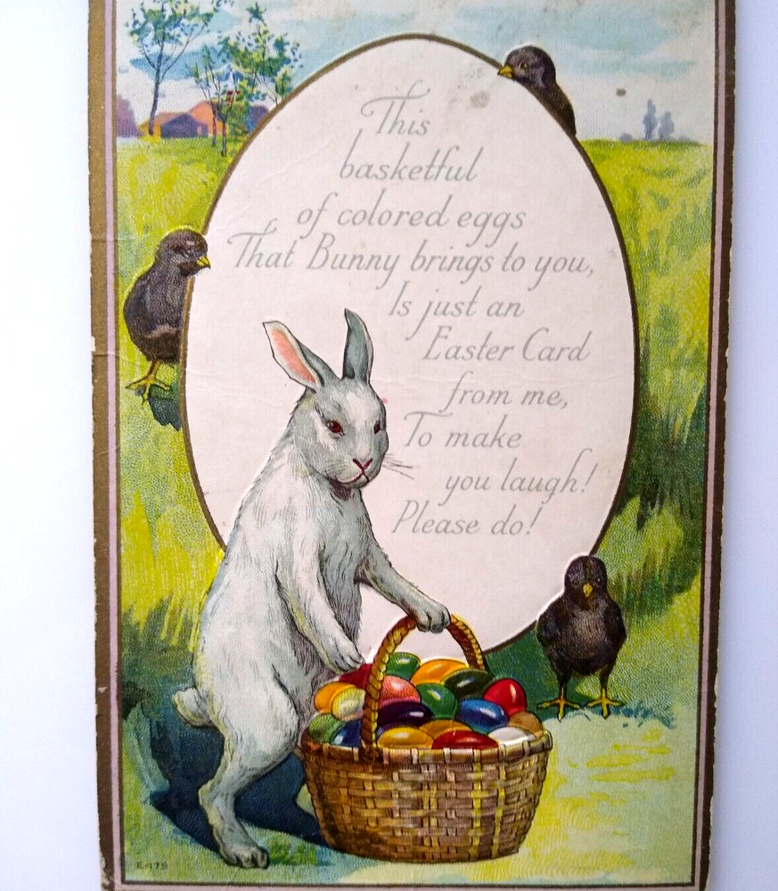 Easter Postcard Fantasy Bunny Rabbit Holds Basket Painted Eggs Black Birds E-179