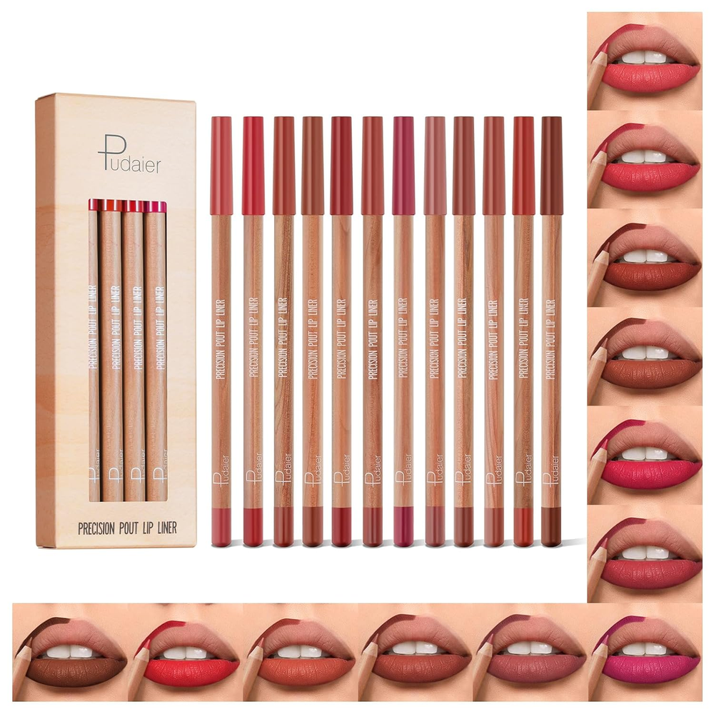 12Pcs Natural Lip Liner Set in Oak Brown Pink Red Shades - Smooth Application